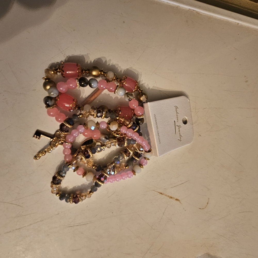 Pink and Gold Beaded Bracelet Set